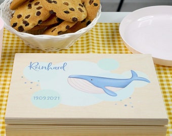 LAUBLUST Kinderbesteck mit Gravur - inkl. Personalisierte Geschenkbox aus Holz - Wal Motiv - Natur