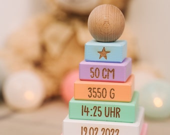 KEKSKRONE Personalisierter Stapelturm für Kinder - Bausteine mit Gravur - Buche - Ocean-Serie