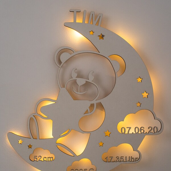 Personalisiertes Schlummerlicht Baby mit Namen | Nachtlicht Kinder aus Holz, MONDBÄR LED Wandlampe - Kinderzimmer Nachtlampe Wand Deko