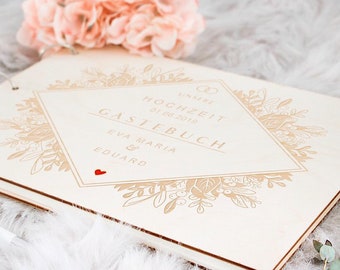 Wedding guest book with engraving - Floral diamond - Personalized wooden memory album - A4 size, nature