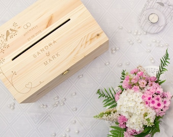 Holztruhe zur Hochzeit - mit Schlitz & Vogelmotiv - personalisiertes Geschenk für Geldgeschenke - Holzkiste mit Deckel und Schlitz