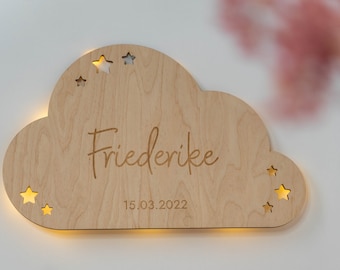 Schlummerlicht Baby Personalisiert mit Namen | Nachtlicht Kinder aus Holz, WOLKE LED Wandlampe - Wand Deko Kinderzimmer Nachtlampe