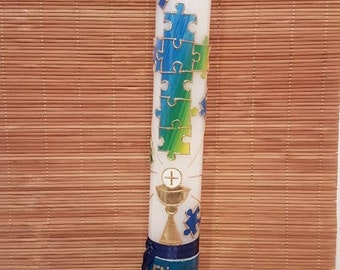 Puzzle 4 - blue-gold communion candle 400/40 mm..