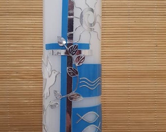 Confirmation candle "Faith" in light blue 265 x 60 mm.