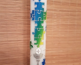 Puzzle 4 -blue- silver communion candle 400/40 mm..