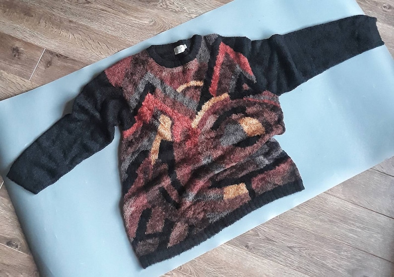 Long Sleeve Sweater Long Knitted Pullover Vintage Fluffy L Size Sweater Fuzzy Black Abstract Sweater Snuggly Brown Geometric Sweater
