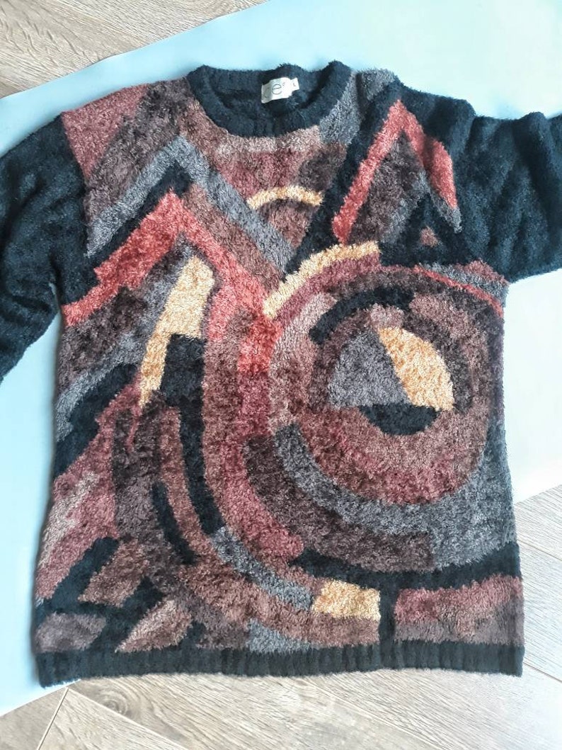 Long Sleeve Sweater Long Knitted Pullover Vintage Fluffy L Size Sweater Fuzzy Black Abstract Sweater Snuggly Brown Geometric Sweater