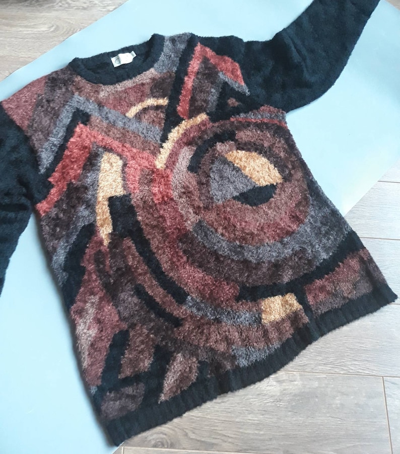 Long Sleeve Sweater Long Knitted Pullover Vintage Fluffy L Size Sweater Fuzzy Black Abstract Sweater Snuggly Brown Geometric Sweater