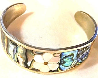 Vintage Alpaca Abalone Cuff Bracelet Mexico Silver Tone Floral Inlay Boho