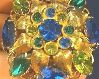 Antique Gold Tone Geometric Foliate Filigree Art Deco Blue Green Marques Brooch