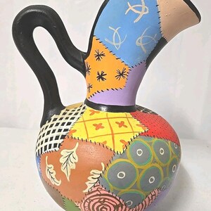 Vintage Polish Folk Art Ceramic Pitcher Patchwork Quilt Style Hand Painted Polan