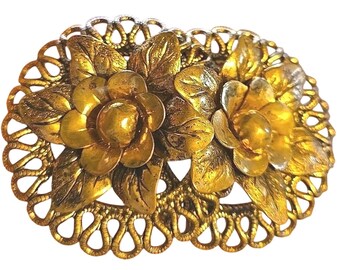 Vintage Floral Filigreed Double Circle Wreath Metal Brooch Pin 3 Inches