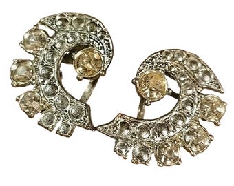 Vintage Art Deco Dress & Scarf Clip Silver Tone Clear Rhinestones Set of 2