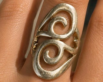 Vintage Modernist Swirl Statement Ring Silver-Tone Band Celtic Style Size 5