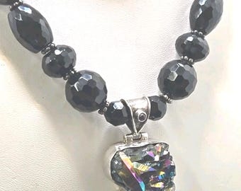 Large Sterling Silver Titanium Peacock Druzy Quartz Pendant Necklace 3.9 Oz Bold
