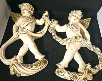 Vintage Cherubs Hollywood Regency White Gold Universal Statuary Corporation 1960s