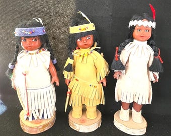 Native American Indian Eskimo Girl Dolls Leather Wood Stands Canada 1960s