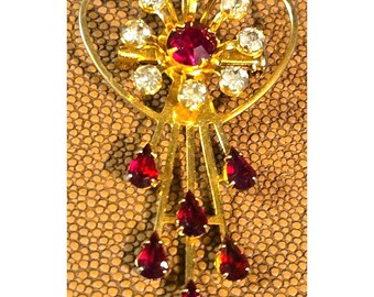 Vintage Bleeding Heart Spray Brooch Red And White Glass Rhinestones