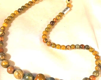 Beaded Graduated Jasper Stone Necklace 16 Inch Boho Earthtone Natural Vintage