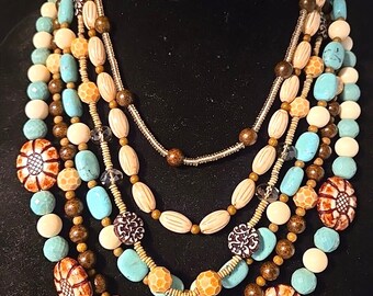 Cookie Lee Multi Layer Necklace For Women Turquoise Brown and Cream Statement Estate