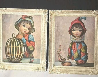 Vintage Maio Big Eyed Children Prints Framed Pair 17x13.5 Mid Century Kitsch Art