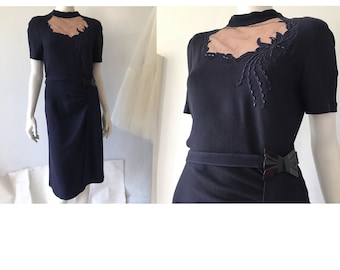 Vintage 1940s navy crepe dress/ 1940's dress/ Original vintage 40's dress with beaded and embroidered floral details/ Vintage forties dress