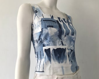 Vintage KENZO printed top/ vintage sleeveless top by Kenzo/Designer vintage vest/pretty summer top/blue & white vintage top/vintage bustier