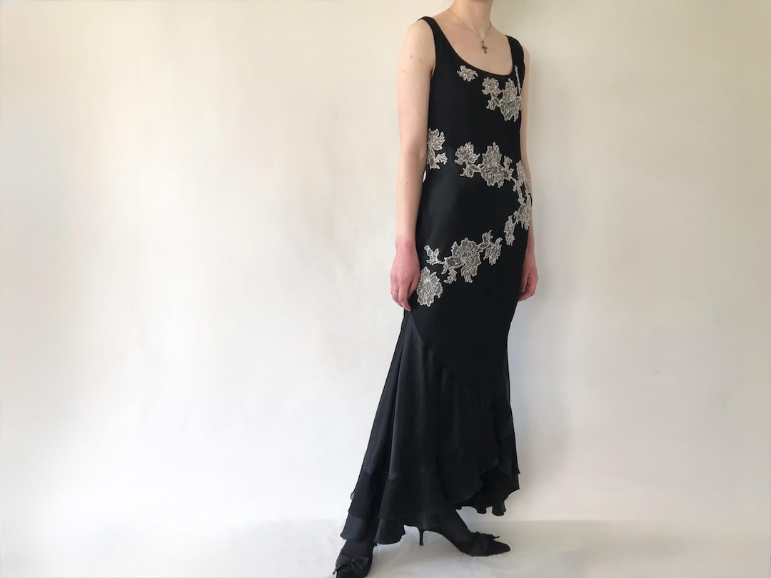 Vintage Silk Slip Dress, Long 1930s Style Bias Cut Chiffon Gown, Floral ...