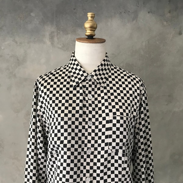 Vintage silk shirt/vintage silk blouse/chequerboard silk shirt/black &white silk shirt/vintage satin blouse/1990s silk shirt/silk button up