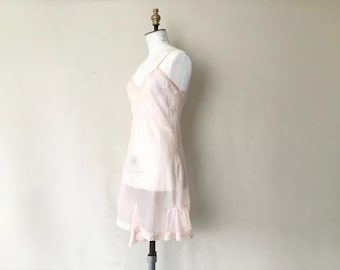 Vintage 1930s sheer pink teddy/Bias cut lace trimmed teddy/Vintage step-in/Vintage frilled cami knickers/Vintage lingerie/Vintage one-piece