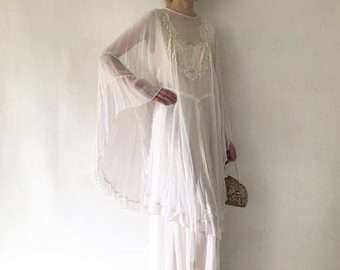 Vintage 1970s lace trimmed gown with angel sleeves/ Angel sleeve dress/  1970’s angel sleeve wedding dress/1970s bohemian wedding dress