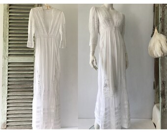 Antique white lace dress/ antique hand-embroidered white dress/ antique white cotton lawn gown/ Edwardian summer dress