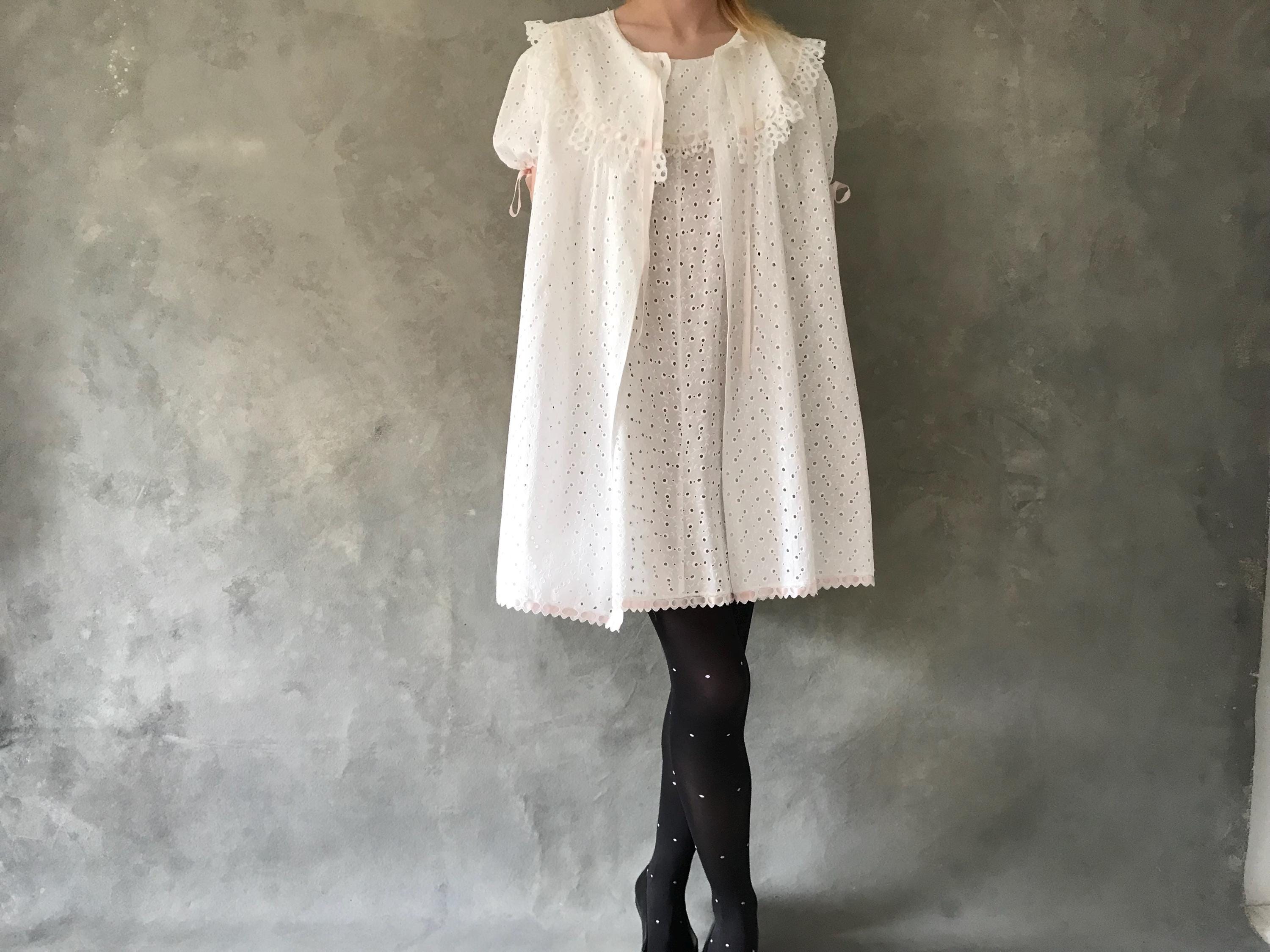 Vintage broderie anglaise babydoll set/1960s baby doll two piece/White cotton lace mini dress/Puff sleeve coat/Eyelet lace dress and coat Vintage broderie anglaise babydoll set/1960s baby doll two piece/White cotton lace mini dress/Puff sleeve coat/Eyelet lace dress and coat
