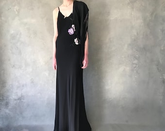 Vintage 1930s bias cut slip dress/1930s dress/Vintage 1930s evening gown/Hand embroidered floral fringed slip dress/1930s crepe dress