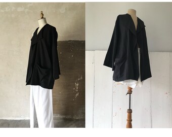 Vintage GEORGES RECH black silk jacket/black silk shell/relaxed silk jacket/ kimono style jacket/Japanese style unstructured black jacket