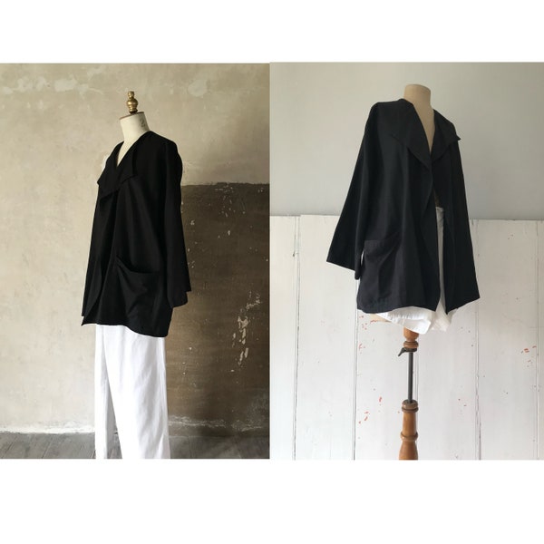 Vintage GEORGES RECH black silk jacket/black silk shell/relaxed silk jacket/ kimono style jacket/Japanese style unstructured black jacket