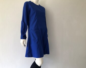 Vintage cotton work dress/ vintage chore dress/ vintage workwear/pretty blue work dress/skater style dress/heritage workwear/1960s dress