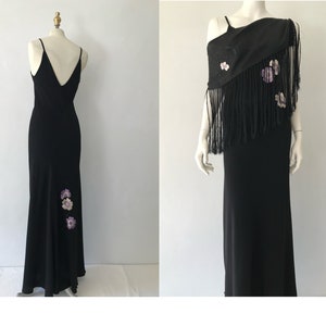 Vintage 1930s bias cut slip dress/1930s dress/Vintage 1930s evening gown/Hand embroidered floral fringed slip dress/1930s crepe dress
