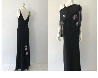 Vintage 1930er Jahre Bias Cut Slip Dress/1930s Dress/Vintage 1930s Abendkleid/ Hand besticktes Blumen Fransen Slip Dress/1930s Crepe Dress