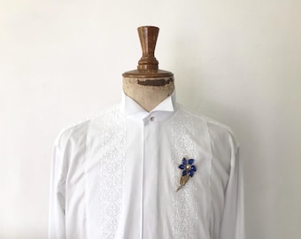Vintage white cotton dress shirt with wing collar, embroidered cotton evening shirt, tuxedo shirt, bib front, vintage menswear