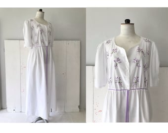 Vintage white embroidered cotton dress/ Antique style long white puff sleeve cotton dress/ Vintage Edwardian style lavender sprigged dress