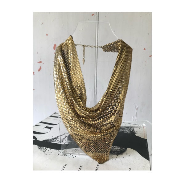 Vintage 1970s WHITING & DAVIS necklace/ 1970s gold toned mesh necklace/ Vintage scarf style necklace/ 70s statement chain mail necklace