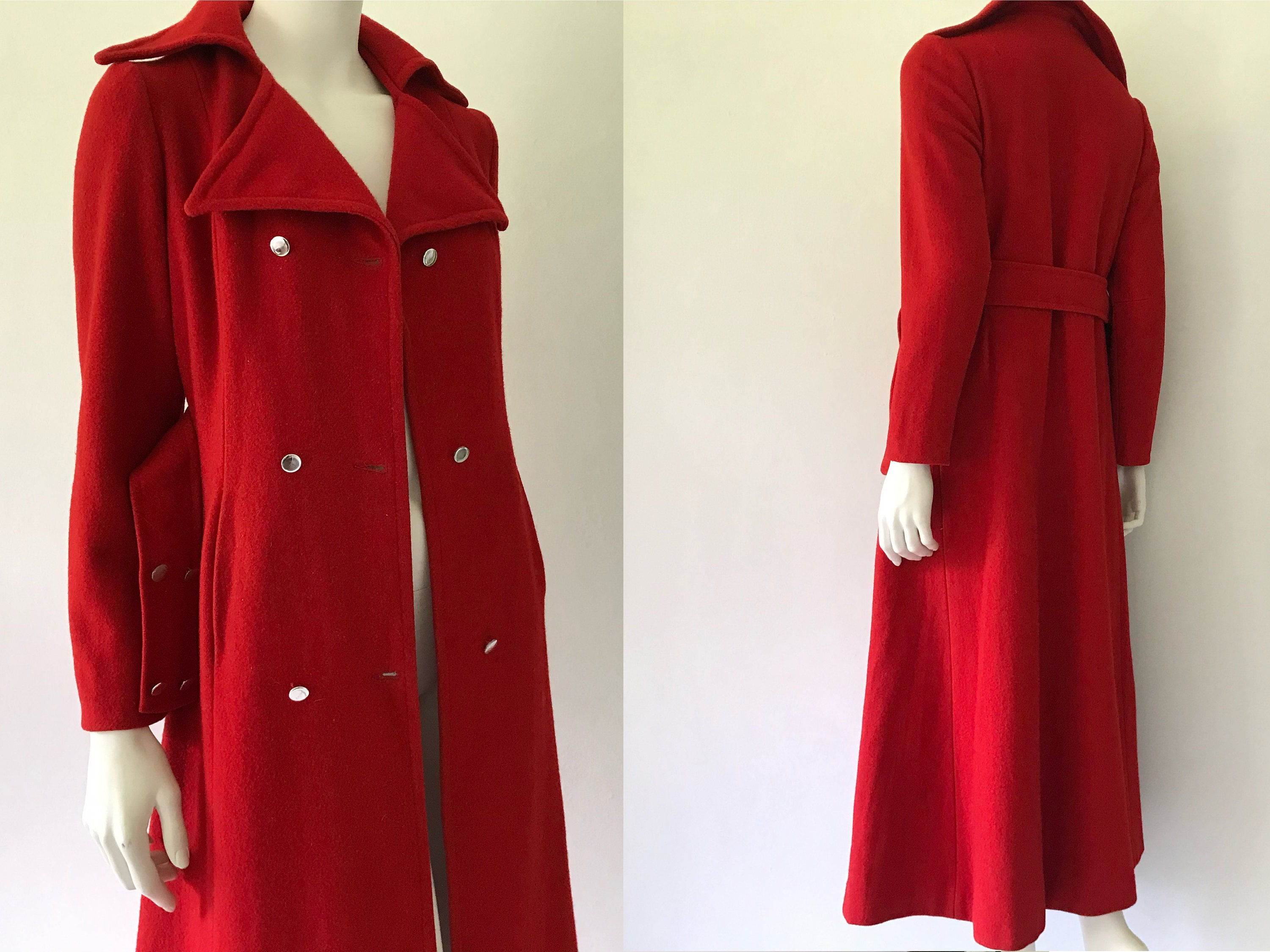 1970s Scarlet Wool Maxi Coat/1970s Full Length Wool Coat/1970s Military ...
