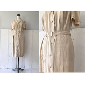 Vintage elegant cream silk dress/ Vintage classic silk button up dress/ Vintage pleated silk dress/ Vintage short sleeve belted silk dress