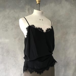 Vintage L’ AGENCE lace trimmed silk camisole/vintage lace trimmed black silk vest/designer vintage silk camisole/vintage silk and lace top