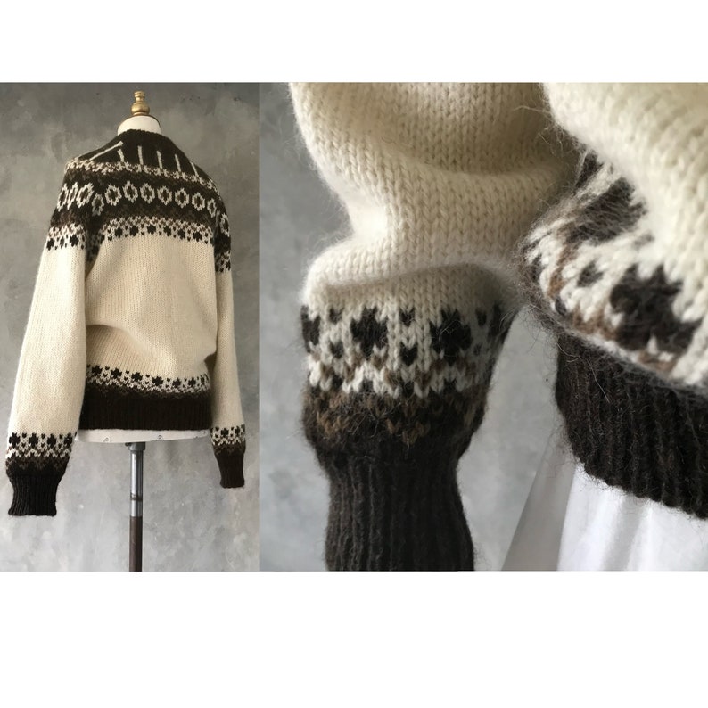 Vintage Icelandic knit wool sweater/vintage folk knit sweater/cream wool pattern knit/heritage knit jumper/1970s chunky knit image 7