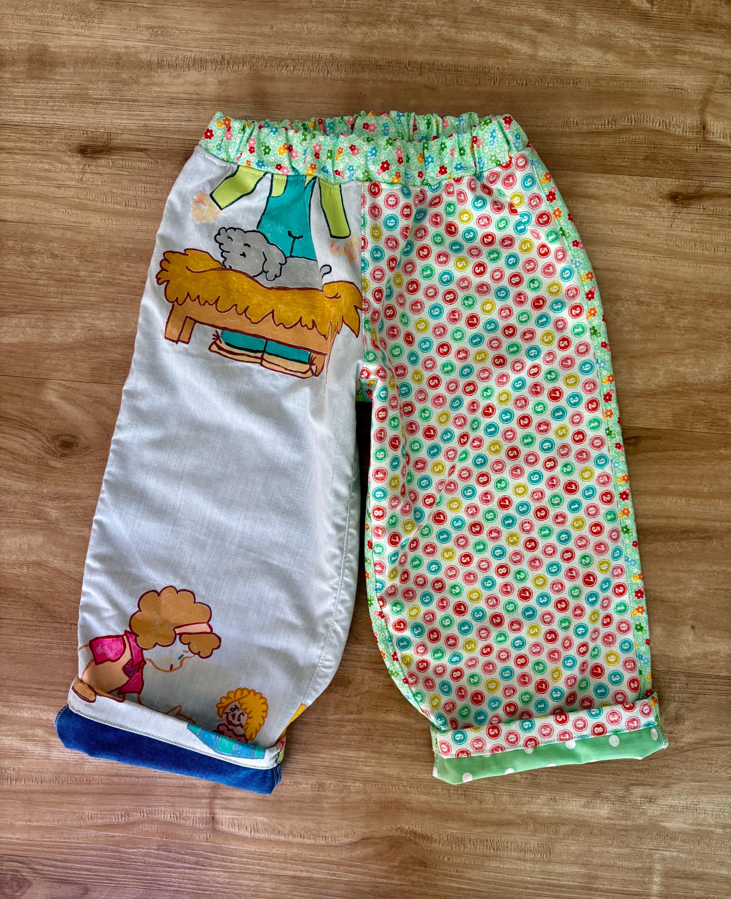 Handmade Patchwork Toddler Play Pants 3T: Vintage Blanket, Hand-Drawn