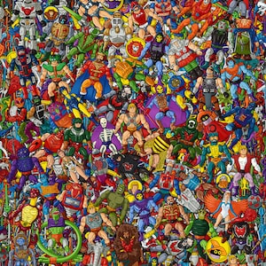 May include: A colorful collage of action figures from the Masters of the Universe toy line. The figures are arranged in a chaotic pattern, with many different characters and accessories visible. The figures are all in various poses, and some are holding weapons or other objects. The background is a solid black.