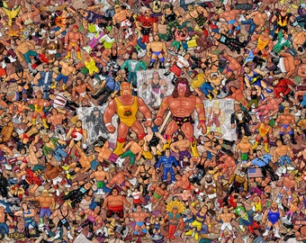 May include: A large collection of colorful wrestling action figures, including Hulk Hogan and The Ultimate Warrior. The figures are arranged in a chaotic pattern, creating a vibrant and nostalgic scene.