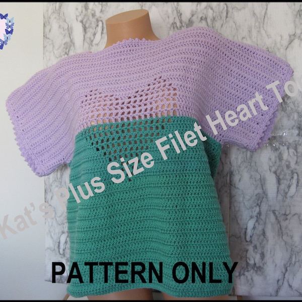 Plus Size Woman's Top - Crochet - PATTERN ONLY - 1X, 2X, 3X - Color Block - Trending Style - Heart Design - Short Sleeves